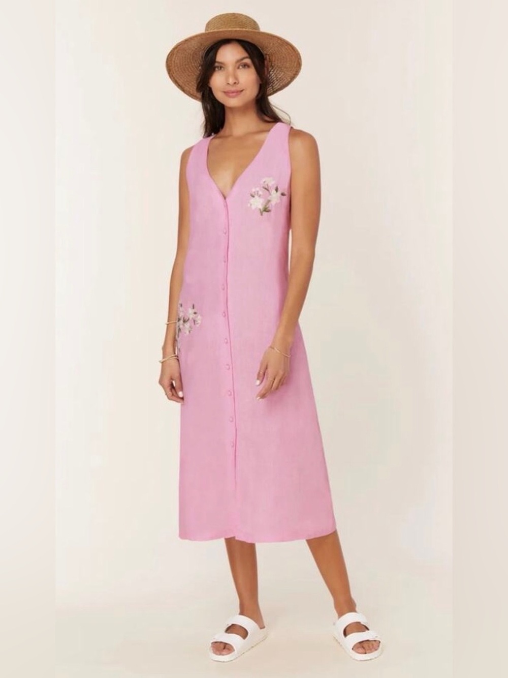 NWT Andie x Fanm Mon Linen Midi Dress with Floral Embroidery Detailing